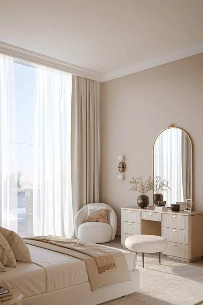 Elegant bedroom interiors blending style and relaxation by an interior design company in Malappuram.