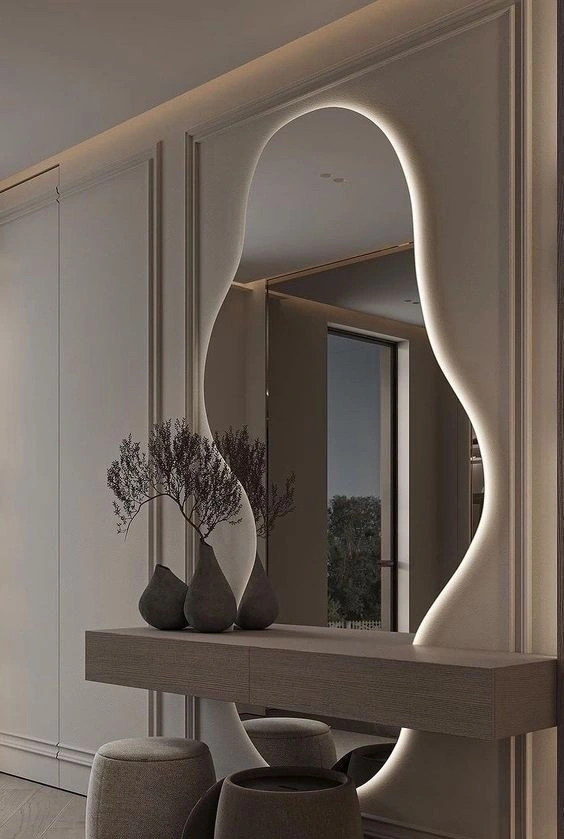 Interior design company in Malappuram showcasing decorative mirror works for modern homes.
